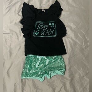 Girls Black and Teal Sequined summer outfit - Stay Wild